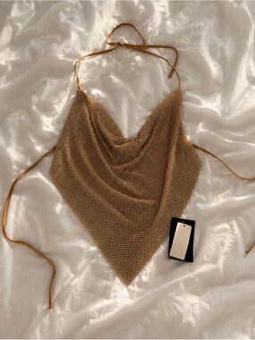 Fashion Nova Gold Rhinestone Halter Bandana Top